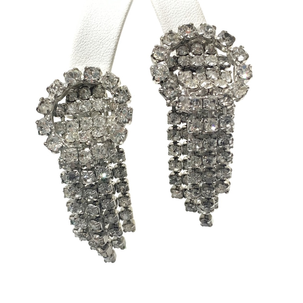 Vtg clear rhinestone Hollywood glamour clip on earrings MCM evening wear